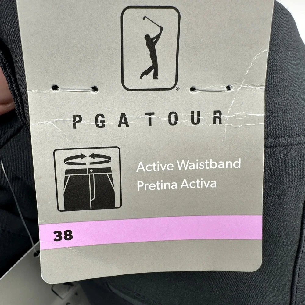 PGA Tour Golf Shorts Men 38 Black Solid Flat Front Active Waistband UPF 50 New
